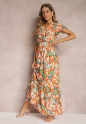Pomarańczowa Sukienka z Wiskozy Maxi w Kwiaty Mahiza. Brązowe sukienki damskie Renee, l, bez wzorów, z tkaniny, bez kołnierzyka, bez ramiączek, maxi, kopertowe. Za 59.99 zł.