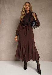 Brązowa Romantyczna Sukienka z Bufiastymi Rękawami i Falbanką z Koronki Sewmira. Brązowe sukienki damskie Renee, l, bez wzorów, z koronki, eleganckie, bez kołnierzyka, bez ramiączek, maxi. Za 159.99 zł.