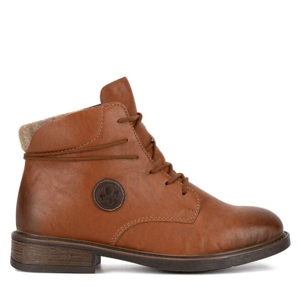 Trzewiki Rieker. Brązowe botki damskie Rieker, bez obcasa, na płaskiej podeszwie, bez zapięcia. Za 265.99 zł.