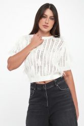 Sweter damski ażurowy z piórkami TWINSET. Swetry damskie Twinset Milano, m, w ażurowe wzory, bez kołnierzyka, bez ramiączek, bez kaptura. Za 1,079.00 zł.