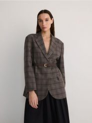 Marynarka z paskiem w talii - wielobarwny. Żakiety damskie Reserved, l, bez wzorów, z tkaniny. W wyprzedaży za 219.99 zł.