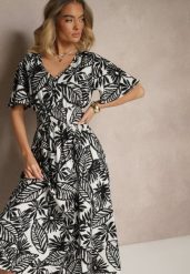 Czarna Sukienka z Gumką w Pasie Ozdobiona Roślinnym Wzorem Charina. Czarne sukienki damskie Renee, na lato, m, bez wzorów, z tkaniny, bez kołnierzyka, bez ramiączek, maxi, rozkloszowane. Za 69.99 zł.