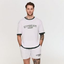 Szorty męskie fitness oversize ze sznurkiem Varsity szare. Szare krótkie spodenki sportowe męskie GYMBEAM, l, bez wzorów, z bawełny, na fitness i siłownię. Za 105.90 zł.