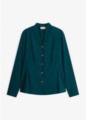 Bluzka z popeliny ze stretchem, niewymagająca prasowania. Białe bluzki damskie bonprix, bez wzorów, eleganckie, bez kołnierzyka, bez ramiączek. Za 129.99 zł.