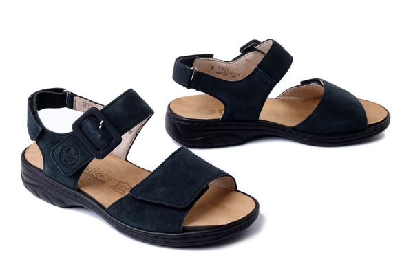 RIEKER 64588-14 blue, sandały damskie. Niebieskie sandały damskie Rieker, bez wzorów, bez obcasa, bez zapięcia. Za 197.94 zł.