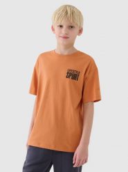 4F T-shirt regular z nadrukiem chłopięcy - pomarańczowy 146 (10-11 lat). Brązowe t-shirty dla chłopców 4f, bez wzorów, z bawełny, bez ramiączek. W wyprzedaży za 19.99 zł.