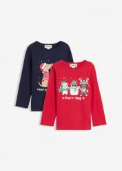 Shirt dziewczęcy z długim rękawem i bożonarodzeniowym nadrukiem (2 szt.), z bawełny organicznej. Czerwone t-shirty i topy dla dziewczynek bonprix, bez wzorów, z bawełny, bez ramiączek. Za 69.98 zł.