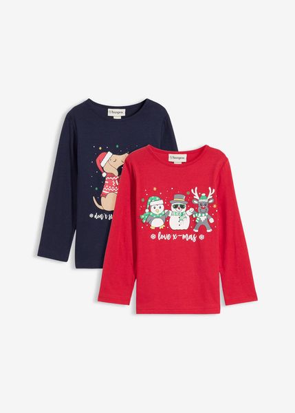 Shirt dziewczęcy z długim rękawem i bożonarodzeniowym nadrukiem (2 szt.), z bawełny organicznej. Czerwone t-shirty i topy dla dziewczynek bonprix, bez wzorów, z bawełny, bez ramiączek. Za 69.98 zł.