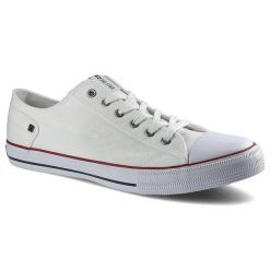 Trampki męskie Big Star, wykonane z materiału tekstylnego typu canvas i z klasycznym sznurowaniem gumowym noskiem, białe, DD174271. Białe półbuty na co dzień męskie Big Star, z gumy, klasyczne, bez zapięcia. Za 93.99 zł.