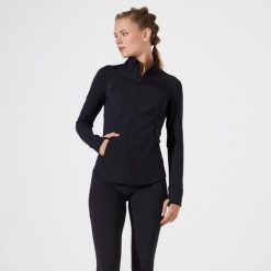Bluza na zamek damska Domyos fitness 900 training. Czarne bluzy sportowe damskie DOMYOS, l, bez wzorów, z elastanu, bez kaptura, na fitness i siłownię. Za 169.99 zł.