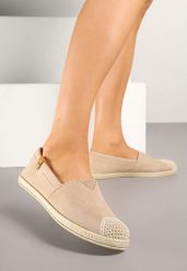 Ciemnobeżowe Espadryle z Elastyczną Wstawką Zdobione Plecionką Kinellis. Brązowe espadryle damskie Renee, na lato, z aplikacjami, eleganckie, bez obcasa, bez zapięcia. Za 39.99 zł.