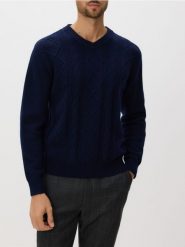 Strukturalny sweter z wełną - granatowy. Niebieskie swetry przez głowę męskie Reserved, l, bez wzorów, z dzianiny, bez kołnierzyka. Za 219.99 zł.