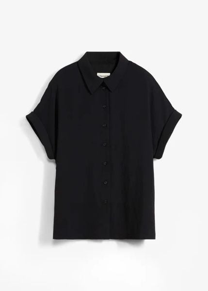 Bluzka oversized z e strukturalnej krepy. Czarne bluzki damskie bonprix, bez wzorów, bez kołnierzyka, bez ramiączek. Za 127.99 zł.