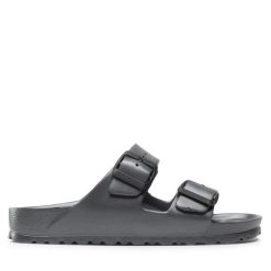 Klapki Birkenstock. Szare klapki damskie Birkenstock, bez wzorów, bez obcasa. Za 239.99 zł.