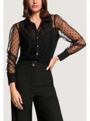 Morgan Koszula 261-TMUSIC Czarny Regular Fit. Czarne bluzki damskie Morgan, xl, bez wzorów, z syntetyku, bez kołnierzyka, bez ramiączek. Za 239.99 zł.