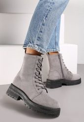 Szare Botki na Grubej Podeszwie z Sznurowaniem Eterna. Szare botki damskie Born2be, na jesień, bez obcasa, na płaskiej podeszwie, bez zapięcia. Za 79.99 zł.