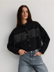 Kurtka jeansowa z frędzlami - czarny. Czarne kurtki damskie Reserved, l, bez wzorów, z bawełny, bez kaptura. W wyprzedaży za 69.99 zł.