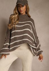 Brązowy Oversizowy Golf w Paski z Dodatkiem Wełny i Wiskozy Nezella. Brązowe swetry damskie Renee, bez wzorów, z jeansu, eleganckie, bez kołnierzyka, bez ramiączek, bez kaptura. Za 159.99 zł.