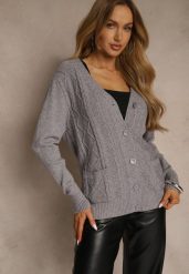 Szary Kardigan z Bawełną i Tłoczonym Wzorem Reisina. Szare swetry dla dziewczynek Renee, bez wzorów, z bawełny, eleganckie, bez kołnierzyka, bez ramiączek, bez kaptura. Za 79.99 zł.