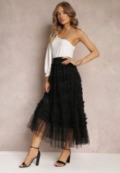 Czarna Rozkloszowana Spódnica Maxi Zdobiona Falbankami z Tiulu z Gumką w Pasie Remina. Czarne spódnice damskie Renee, s, z aplikacjami, z tiulu, maxi, rozkloszowane. Za 74.99 zł.
