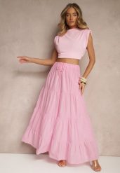 Różowa Rozkloszowana Spódnica z Bawełny z Wiązaniem i Gumką w Talii Miloreina. Czerwone spódnice damskie Renee, na lato, bez wzorów, z bawełny, eleganckie, maxi, koszulowe. Za 74.99 zł.