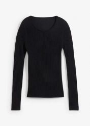 Sweter w prążek z wełny merino. Czarne swetry damskie bonprix, na jesień, bez wzorów, ze skóry, bez kołnierzyka, bez ramiączek, bez kaptura. Za 189.99 zł.