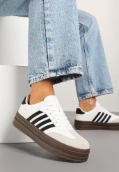 Biało-Czarne Sneakersy Tenisówki Ozdobione Paskami Naire. Białe trampki i tenisówki damskie Born2be, bez wzorów, z jeansu, eleganckie, bez zapięcia. Za 109.99 zł.