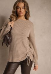 Beżowy Sweter z Wiskozą o Prostym Kroju z Bocznym Ściągaczem Tivadella. Brązowe swetry damskie Renee, na jesień, bez wzorów, z jeansu, casualowe, bez kołnierzyka, bez ramiączek, bez kaptura. Za 109.99 zł.