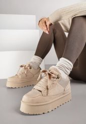 Ciemnobeżowe Sneakersy Śniegowce na Platformie Velavine. Brązowe śniegowce i trapery damskie Renee, z jeansu. Za 109.99 zł.