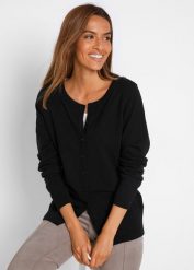 Sweter rozpinany basic z bawełny z recyklingu. Niebieskie kardigany damskie bonprix, bez wzorów, z bawełny, bez kołnierzyka, bez ramiączek, bez kaptura. Za 57.99 zł.