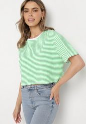 Zielony Bawełniany T-shirt o Oversizowym Krótkim Fasonie w Cienkie Paski Lakrida. Zielone bluzki damskie Born2be, l, bez wzorów, z bawełny, klasyczne, bez kołnierzyka. Za 29.99 zł.