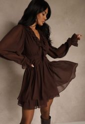 Ciemnobrązowa Siateczkowa Sukienka o Rozkloszowanym Fasonie z Falbankami Zenniria. Brązowe sukienki damskie Renee, na co dzień, l, bez wzorów, z poliesteru, wizytowe, bez kołnierzyka, bez ramiączek, rozkloszowane. Za 159.99 zł.