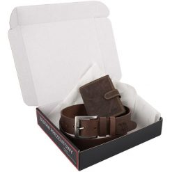 Zestaw prezentowy męski skórzany pasek portfel pudełko premium Beltimore Z54. Brązowe paski damskie bez wzorów. Za 100.99 zł.