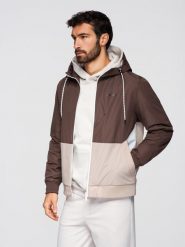 Lekka kurtka męska regular fit z podszewką i kapturem - brązowo-beżowa V1 - Rozmiar: M. Brązowe kurtki męskie Ombre Clothing, m, bez wzorów, z jeansu, biznesowe, z kapturem. Za 289.99 zł.