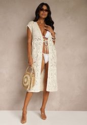 Beżowy Bawełniany Kardigan Narzutka z Ażurowym Wzorem Halandria. Brązowe kardigany damskie Renee, w ażurowe wzory, z bawełny, eleganckie. Za 189.99 zł.