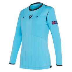 Koszulka sędziowska damska Macron UEFA 2019 ml. Niebieskie koszulki sportowe damskie Macron, s, bez wzorów, bez kołnierzyka, bez ramiączek, do piłki nożnej. W wyprzedaży za 252.00 zł.