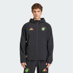 Jamaica x Bob Marley Tiro Travel Full Zip Windbreaker Jacket. Czarne kurtki męskie Adidas, bez wzorów, sportowe, bez kaptura. Za 399.00 zł.