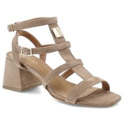 Sandały damskie Karino, cholewka ze skóry naturalnej zamszowej z wieloma paskami na stabilnym obcasie, beżowe, 5880/007-P. Brązowe klapki damskie Karino, bez wzorów, ze skóry, eleganckie, bez obcasa, na obcasie. Za 476.90 zł.