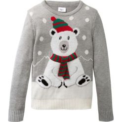 Sweter dzianinowy z zimowym motywem bonprix jasnoszary melanż. Swetry dla dziewczynek marki bonprix. Za 32.99 zł.