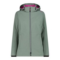 Kurtka damska turystyczna CMP 3A22226. Zielone kurtki sportowe damskie CMP, l, bez wzorów, z softshellu, z kapturem, trekkingowe. Za 382.50 zł.