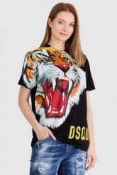 DSQUARED2 Czarny t-shirt damski z tygrysem. Czarne t-shirty damskie Dsquared2, s, bez wzorów, z bawełny, bez kołnierzyka. W wyprzedaży za 799.99 zł.