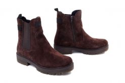 Rieker 75860-25 brown, botki damskie. Brązowe botki damskie Rieker, ze skóry, bez obcasa, na obcasie, bez zapięcia. Za 365.42 zł.