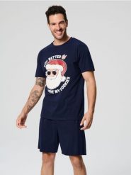 Piżama dwuczęściowa - granatowy. Niebieskie piżamy męskie Sinsay, l, bez wzorów, z bawełny, bez ramiączek, krótkie. Za 39.99 zł.