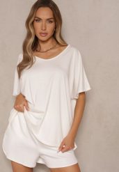 Biały T-shirt z Wiskozą w Stylu Nietoperza Liofala. Białe bluzki damskie Renee, bez wzorów, z jeansu, eleganckie, bez kołnierzyka. Za 49.99 zł.