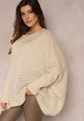 Jasnobeżowy Luźny Sweter Dzianinowy w Stylu Ponczo Nattava. Brązowe swetry damskie Renee, uniwersalny, bez wzorów, z dzianiny, casualowe, bez kołnierzyka, bez ramiączek, bez kaptura. Za 84.99 zł.