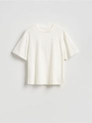 Bawełniany t-shirt oversize - złamana biel. T-shirty damskie Reserved, l, bez wzorów, z bawełny, bez kołnierzyka. Za 39.99 zł.