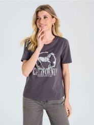 Koszulka - szary. Szare t-shirty damskie Sinsay, l, bez wzorów, bez kołnierzyka. W wyprzedaży za 14.99 zł.