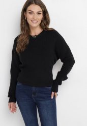 Czarny Sweter ze Ściągaczami na Rękawach Ceshia. Czarne swetry damskie Born2be, na zimę, bez wzorów, bez kołnierzyka, bez ramiączek, bez kaptura. Za 74.99 zł.