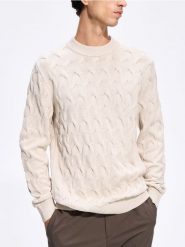 Strukturalny sweter z bawełny - beżowy. Brązowe swetry przez głowę męskie Reserved, l, bez wzorów, z bawełny, bez kołnierzyka. Za 149.99 zł.