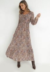 Brązowo-Beżowa Sukienka z Falbanką przy Dekolcie w Ornamentalny Wzór isha. Brązowe sukienki damskie Born2be, na co dzień, l, bez wzorów, eleganckie, bez kołnierzyka, bez ramiączek, maxi, rozkloszowane. Za 139.99 zł.